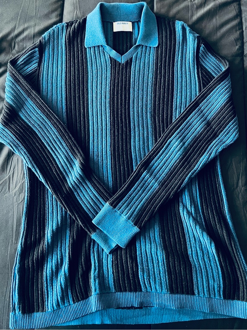 Old Navy Men's Teal & Black Ribbed V‑Neck Collared Sweater